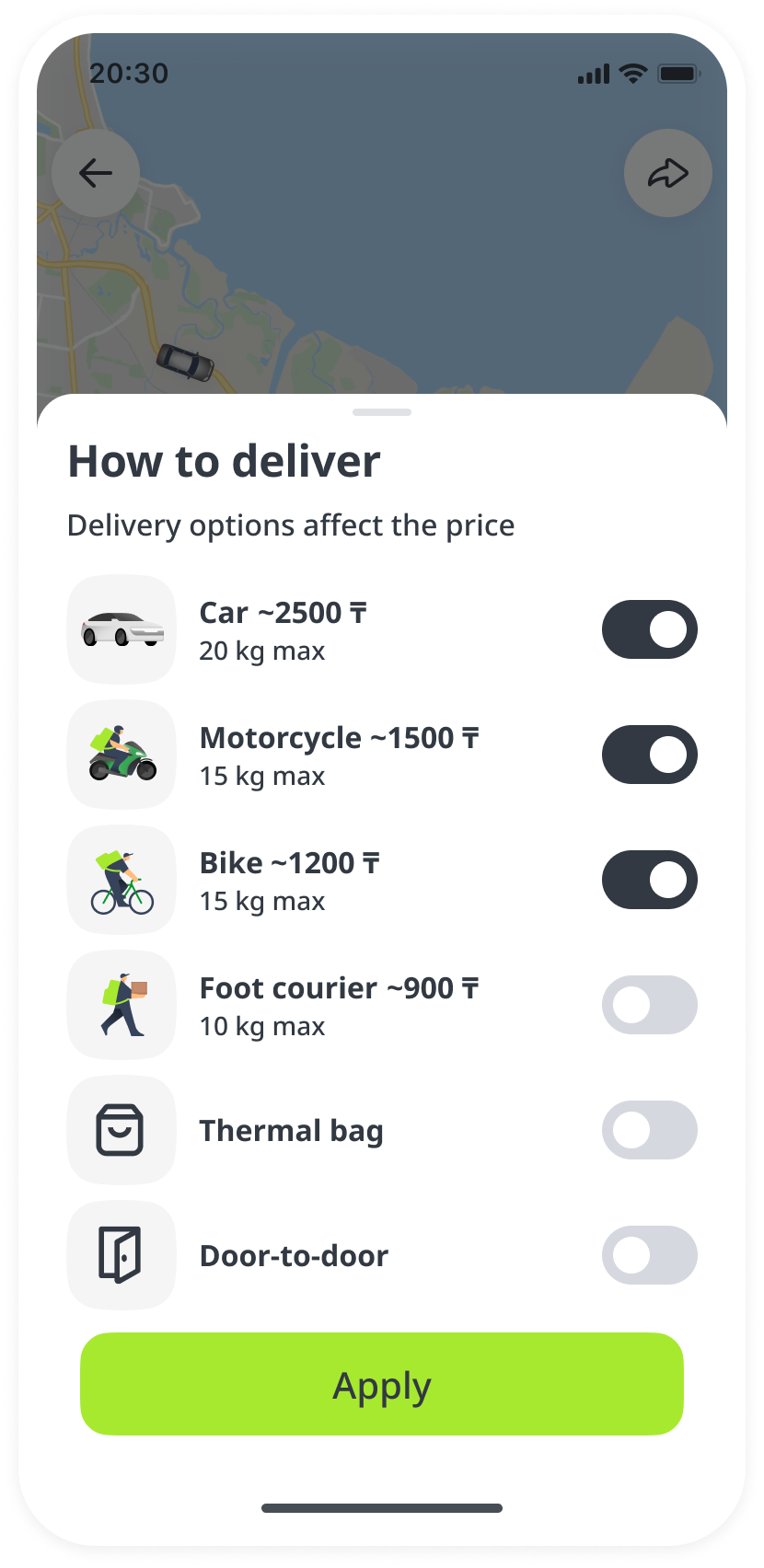 Delivery options separated by car, motorcycle, bike and foot courier